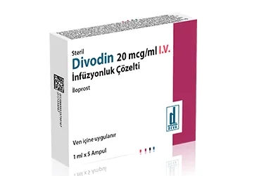Iloprost içeren çözelti: DIVODIN 20 MCG/ML IV INFUZYONLUK COZELTI (5 AMPUL) kutusu. Üretici: DEVA HOLDİNG ANONİM ŞİRKETİ.
