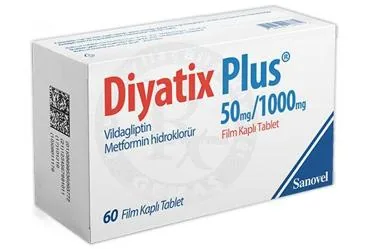 Metformin + vildagliptin içeren film kaplı tablet: DIYATIX PLUS 50 MG/1000 MG FILM KAPLI TABLET (60 TABLET) ürün ambalajı. Üretici: SANOVEL İLAÇ SANAYİ VE TİCARET ANONİM ŞİRKETİ.