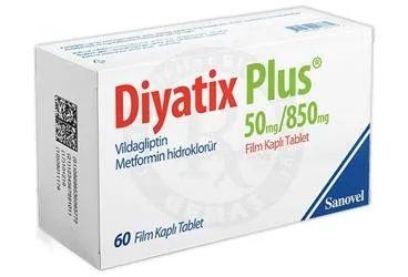 DIYATIX PLUS 50 MG/850 MG FILM KAPLI TABLET (60 TABLET) kutu fotoğrafı, film kaplı tablet formunda metformin + vildagliptin içerir. Üretici: SANOVEL İLAÇ SANAYİ VE TİCARET ANONİM ŞİRKETİ.