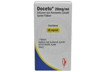 Dosetaksel içeren flakon: DOCETU 20 MG IV INFUZYON COZ. ICEREN 1 FLAKON kutusu. Üretici: ONKO İLAÇ SANAYİ VE TİCARET ANONİM ŞİRKETİ.