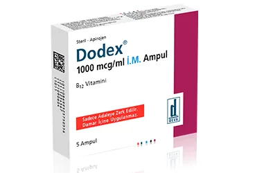 DODEX 1000 MCG/ML I.M. ENJEKSIYONLUK COZELTI ICEREN (5 AMPUL) kutusu, çözelti formunda vitamin b12 içerir. Üretici: DEVA HOLDİNG ANONİM ŞİRKETİ.