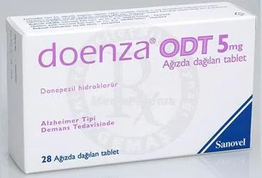 Donepezil içeren tablet: DOENZA ODT 5 MG 28 AGIZDA DAGILAN TABLET ürün ambalajı. Üretici: SANOVEL İLAÇ SANAYİ VE TİCARET ANONİM ŞİRKETİ.