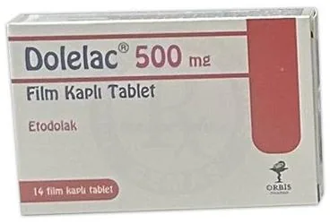DOLELAC 500 MG FILM KAPLI TABLET (14 TABLET) kutu fotoğrafı, film kaplı tablet formunda etodolak içerir. Üretici: BERKO İLAÇ VE KİMYA SAN. A.Ş.