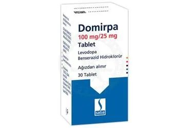 DOMIRPA 100 MG/25 MG TABLET kutusu. Levodopa + benserazid hcl içeren tablet. Üretici: SABA İLAÇ SANAYİİ VE TİCARET ANONİM ŞİRKETİ.