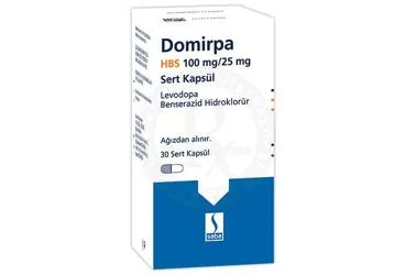 DOMIRPA HBS 100 MG/25 MG SERT KAPSUL (30 KAPSUL) ürün ambalajı, kapsül formunda levodopa + benserazid hcl içerir. Üretici: SABA İLAÇ SANAYİİ VE TİCARET ANONİM ŞİRKETİ.