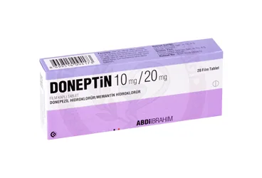 Memantin + donepezil içeren film kaplı tablet: DONEPTIN 10 MG/20 MG 28 FILM KAPLI TABLET ambalajı. Üretici: ABDİ İBRAHİM İLAÇ SANAYİ VE TİCARET A.Ş.