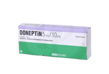 DONEPTIN 5 MG/10 MG 28 FILM KAPLI TABLET kutusu. Memantin + donepezil içeren film kaplı tablet. Üretici: ABDİ İBRAHİM İLAÇ SANAYİ VE TİCARET A.Ş.