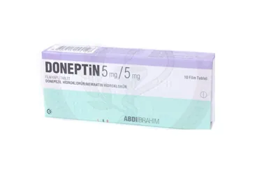 DONEPTIN 5 MG/5 MG 10 FILM KAPLI TABLET kutusu, film kaplı tablet formunda memantin + donepezil içerir. Üretici: ABDİ İBRAHİM İLAÇ SANAYİ VE TİCARET A.Ş.