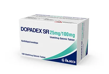 DOPADEX SR 25 MG/100 MG UZATILMIS SALIMLI 100 TABLET ürün ambalajı, tablet formunda levodopa + karbidopa içerir. Üretici: İLKO İLAÇ SAN. VE TİC. A.Ş.