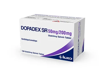 DOPADEX SR 50 MG/200 MG UZATILMIS SALIMLI 100 TABLET kutu fotoğrafı, tablet formunda levodopa + karbidopa içerir. Üretici: İLKO İLAÇ SAN. VE TİC. A.Ş.