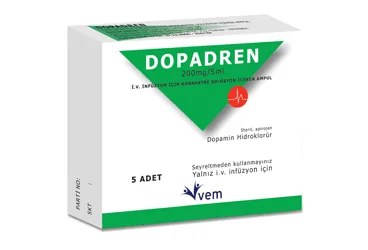 Dopamin hcl içeren çözelti: DOPADREN 200 MG/5 ML IV INFUZYON ICIN KONSANTRE COZELTI ICEREN 5 AMPUL kutusu. Üretici: VEM İLAÇ SAN. VE TİC. ANONİM ŞİRKETİ.