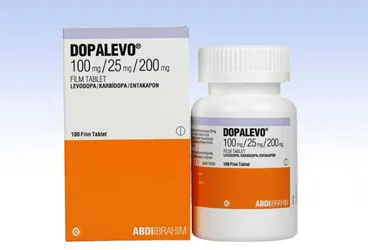 Levodopa + karbidopa + entakapon içeren film kaplı tablet: DOPALEVO 100/25/200 MG 100 FILM TABLET kutusu. Üretici: ABDİ İBRAHİM İLAÇ SANAYİ VE TİCARET A.Ş.