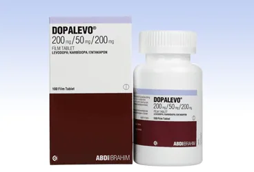 DOPALEVO 200/50/200 MG 100 FILM TABLET kutusu, film kaplı tablet formunda levodopa + karbidopa + entakapon içerir. Üretici: ABDİ İBRAHİM İLAÇ SANAYİ VE TİCARET A.Ş.