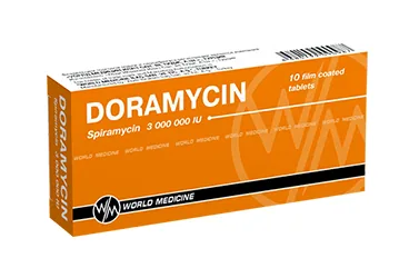 Spiramisin içeren film kaplı tablet: DORAMYCIN 3000000 IU 10 FILM KAPLI TABLET ürün ambalajı. Üretici: WORLD MEDICINE İLAÇ SAN. VE TİC. A.Ş.