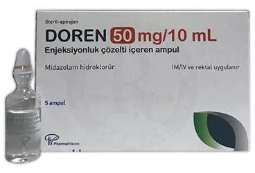 DOREN 50MG/10ML ENJ.COZ.ICEREN 5 AMPUL kutusu, ampul formunda midazolam içerir. Üretici: PHARMAVİSİON SAN. VE TİC. A.Ş.