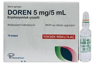 DOREN 5MG/5ML ENJ.COZ.ICEREN 10 AMPUL ambalajı, ampul formunda midazolam içerir. Üretici: PHARMAVİSİON SAN. VE TİC. A.Ş.