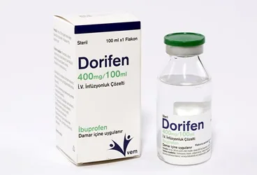 Ibuprofen içeren çözelti: DORIFEN 400 MG/100 ML IV INFUZYONLUK COZELTI (1 FLAKON) kutusu. Üretici: VEM İLAÇ SAN. VE TİC. ANONİM ŞİRKETİ.