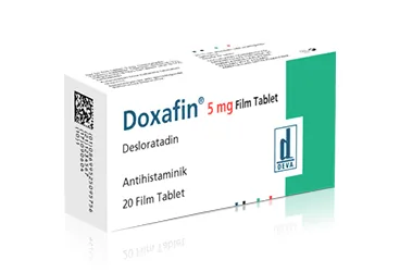 DOXAFIN 5 MG 20 FILM TABLET kutusu, film kaplı tablet formunda desloratadin içerir. Üretici: DEVA HOLDİNG ANONİM ŞİRKETİ.