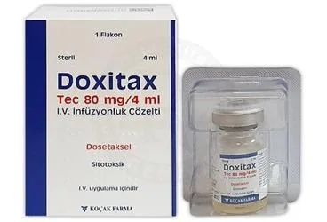 Dosetaksel içeren çözelti: DOXITAX TEC 80 MG/4 ML IV INFUZYONLUK COZELTI ( 1 FLAKON) ambalajı. Üretici: KOÇAK FARMA İLAÇ VE KİMYA SANAYİ A.Ş.