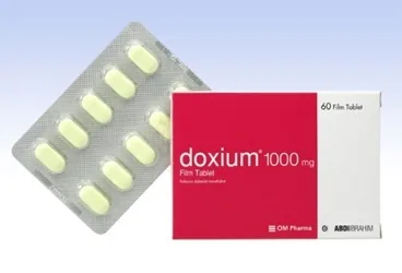 DOXIUM 1000 MG FILM TABLET (60 TABLET) kutusu. Dobesilat kalsiyum içeren film kaplı tablet. Üretici: ABDİ İBRAHİM İLAÇ SANAYİ VE TİCARET A.Ş.