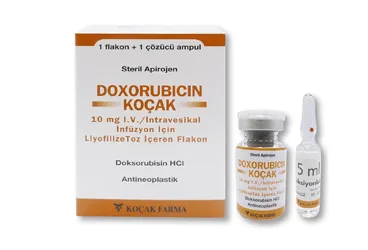 DOXORUBICIN KOCAK 10 MG IV/INTRAVESIKAL INFUZYON ICIN LIYOFILIZE TOZ ICEREN 1 FLK+1 AMP kutusu. Doksorubisin hcl içeren toz. Üretici: KOÇAK FARMA İLAÇ VE KİMYA SANAYİ A.Ş.