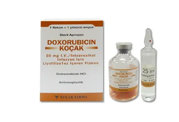 DOXORUBICIN KOCAK 50 MG IV/INTRAVESIKAL INFUZYON ICIN LIYOFILIZE TOZ ICEREN 1 FLK+1 AMP kutu fotoğrafı, toz formunda doksorubisin hcl içerir. Üretici: KOÇAK FARMA İLAÇ VE KİMYA SANAYİ A.Ş.