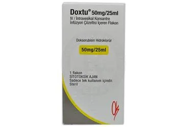 DOXTU 50 MG/25 ML IV/INTRAVESIKAL KONSANTRE INFUZYON COZELTISI ICEREN FLAKON kutusu. Doksorubisin hcl içeren çözelti. Üretici: ONKO İLAÇ SANAYİ VE TİCARET ANONİM ŞİRKETİ.