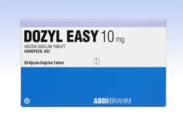DOZYL 10 MG FILM KAPLI TABLET ürün ambalajı, film kaplı tablet formunda donepezil içerir. Üretici: ABDİ İBRAHİM İLAÇ SANAYİ VE TİCARET A.Ş.