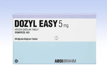 DOZYL 5 MG FILM KAPLI 14 TABLET ürün ambalajı, tablet formunda donepezil içerir. Üretici: ABDİ İBRAHİM İLAÇ SANAYİ VE TİCARET A.Ş.