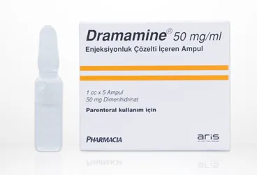 DRAMAMINE 50 MG/ML ENJEKSIYONLUK COZELTI ICEREN 5 AMPUL (dimenhidrinat) kutusu, çözelti. Üretici: ALİ RAİF İLAÇ SANAYİ A.Ş.