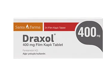 DRAXOL 400 MG FILM KAPLI TABLET (24 FILM KAPLI TABLET) kutusu. Feniramidol hcl içeren film kaplı tablet. Üretici: SANTA FARMA İLAÇ SAN. A.Ş.