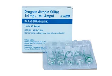 DROGSAN ATROPIN SULFAT 1/4 MG/1 ML ENJEKSIYONLUK COZELTI, 10 AMPUL ambalajı. Atropin içeren çözelti. Üretici: DROGSAN İLAÇLARI SAN. VE TİC. A.Ş.