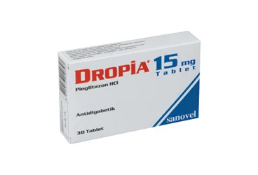 DROPIA 15 MG 30 TABLET ürün ambalajı, tablet formunda pioglitazon içerir. Üretici: ARVEN İLAÇ SANAYİ VE TİCARET A.Ş.
