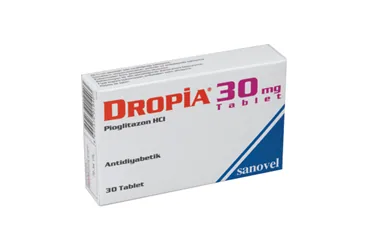 Pioglitazon içeren tablet: DROPIA 30 MG 30 TABLET ürün ambalajı. Üretici: SANOVEL İLAÇ SANAYİ VE TİCARET ANONİM ŞİRKETİ.
