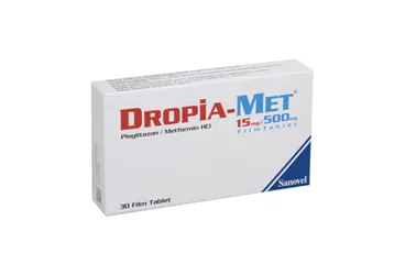 DROPIA-MET 15/500 MG 180 FILM TABLET ambalajı, film kaplı tablet formunda metformin + pioglitazon içerir. Üretici: SANOVEL İLAÇ SAN. VE TİC. A.Ş.