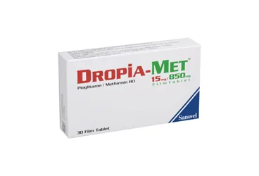 DROPIA-MET 15/850 MG 180 FILM TABLET kutusu, film kaplı tablet formunda metformin + pioglitazon içerir. Üretici: SANOVEL İLAÇ SAN. VE TİC. A.Ş.