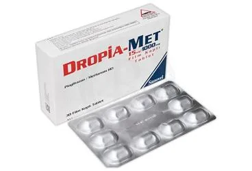 DROPIA-MET 15 MG/1000 MG FILM KAPLI TABLET (30 FILM KAPLI TABLET) ambalajı. Metformin + pioglitazon içeren film kaplı tablet. Üretici: SANOVEL İLAÇ SANAYİ VE TİCARET ANONİM ŞİRKETİ.