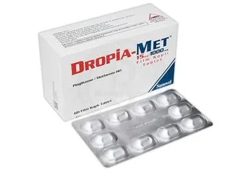 DROPIA-MET 15 MG/1000 MG FILM KAPLI TABLET (60 FILM KAPLI TABLET) kutusu. Metformin + pioglitazon içeren film kaplı tablet. Üretici: SANOVEL İLAÇ SANAYİ VE TİCARET ANONİM ŞİRKETİ.