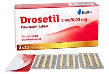 Estradiol + drospirenon içeren film kaplı tablet: DROSETIL 3 MG/0.03MG FILM KAPLI TABLET (63 TABLET) ambalajı. Üretici: EXELTİS İLAÇ SANAYİİ VE TİCARET ANONİM ŞİRKETİ.