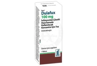 DULAFUX 100 MG INFUZYONLUK ÇOZELTI HAZIRLAMADA KULLANILACAK KONSANTRE IÇIN TOZ kutusu. Anidulafungin içeren çözelti. Üretici: DEVA HOLDİNG ANONİM ŞİRKETİ.