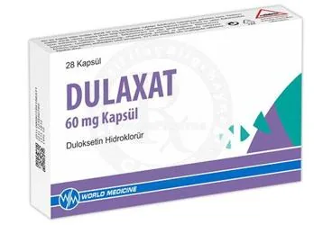 DULAXAT 60 MG GASTRO-REZISTAN SERT KAPSUL (28 KAPSUL) ürün ambalajı. Duloksetin içeren kapsül. Üretici: WORLD MEDICINE İLAÇ SAN. VE TİC. A.Ş.