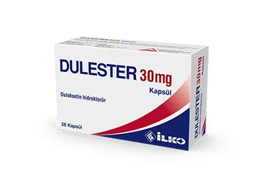 DULESTER 30 MG 28 KAPSUL ürün ambalajı, kapsül formunda duloksetin içerir. Üretici: İLKO İLAÇ SAN. VE TİC. A.Ş.