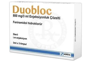 DUOBLOC 800 MG/3 ML IM ENJEKSIYONLUK COZELTI kutusu. Feniramidol hcl içeren çözelti. Üretici: ADEKA İLAÇ SANAYİ VE TİCARET A.Ş.