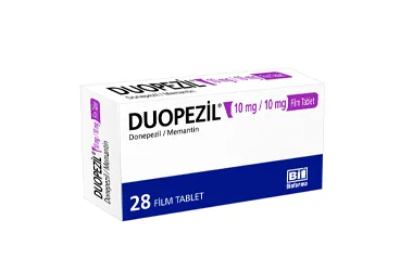 DUOPEZIL 10 MG/10 MG 28 FILM TABLET kutu fotoğrafı. Memantin + donepezil içeren film kaplı tablet. Üretici: BİOFARMA İLAÇ SANAYİ VE TİCARET A.Ş.