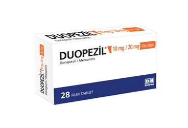 Memantin + donepezil içeren film kaplı tablet: DUOPEZIL 10 MG/20 MG 28 FILM TABLET kutusu. Üretici: BİOFARMA İLAÇ SANAYİ VE TİCARET A.Ş.