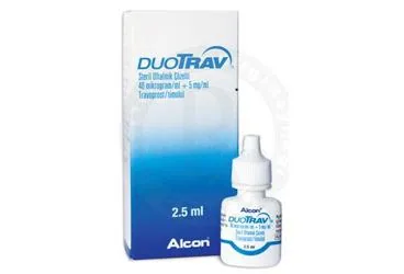 DUOTRAV OFTALMIK SOLUSYON 2,5 ML ambalajı. Timolol maleat + travoprost içeren solüsyon. Üretici: NOVARTİS SAĞLIK GIDA VE TARIM ÜRÜNLERİ SANAYİ VE TİCARET ANONİM ŞİRKETİ.