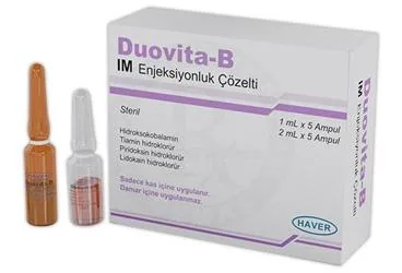 DUOVITA-B IM ENJEKSIYONLUK COZELTI ambalajı, çözelti formunda vitamin b1 ve b2 veya b6 veya b12 içerir. Üretici: HAVER FARMA İLAÇ ANONİM ŞİRKETİ.