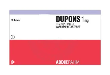 DUPONS 1 MG FILM KAPLI TABLET (56 TABLET) kutusu, film kaplı tablet formunda vareniklin tartarat içerir. Üretici: ABDİ İBRAHİM İLAÇ SANAYİ VE TİCARET A.Ş.