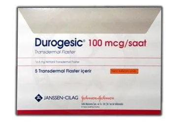 Fentanyl içeren DUROGESIC 100 MCG/SAAT 5 TRANSDERMAL FLASTER kutusu. Üretici: JOHNSON AND JOHNSON SIHHİ MALZEME SANAYİ VE TİCARET LİMİTED ŞİRKETİ.