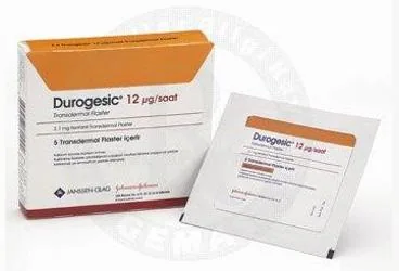 DUROGESIC 12 MCG/SAAT 5 TRANSDERMAL FLASTER ürün ambalajı. Etkin maddesi fentanyl. Üretici: JOHNSON AND JOHNSON SIHHİ MALZEME SANAYİ VE TİCARET LİMİTED ŞİRKETİ.